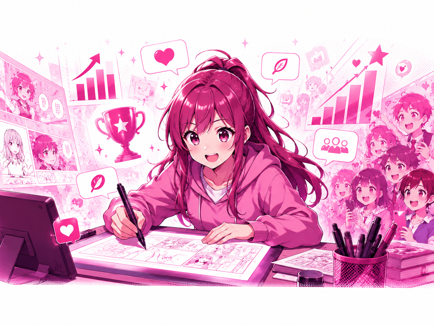 創作に取り組む漫画家の作業空間のイラスト