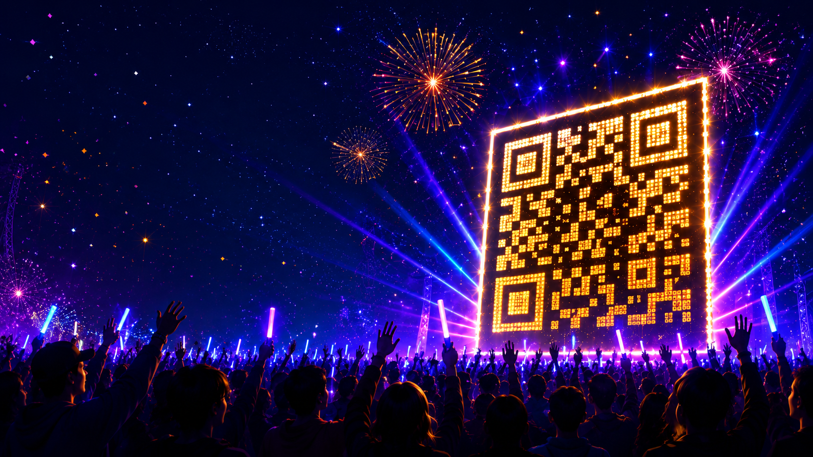 FESTA PASS：花火と観客と発光するQRコードのビジュアル