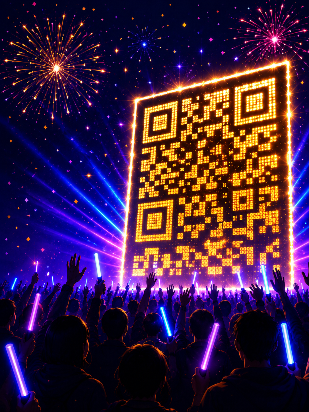 FESTA PASS：花火と観客と発光するQRコードのビジュアル