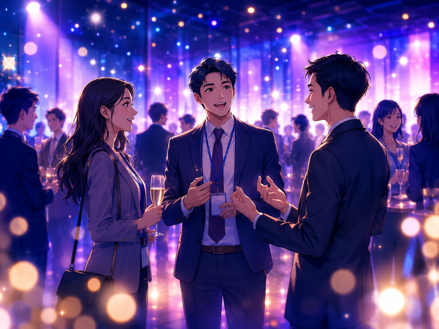 イベント会場で交流する人々のイラスト